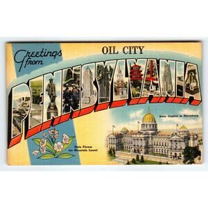 Vintage Pennsylvania Oil City Greetings Linen Postcard State Capitol
